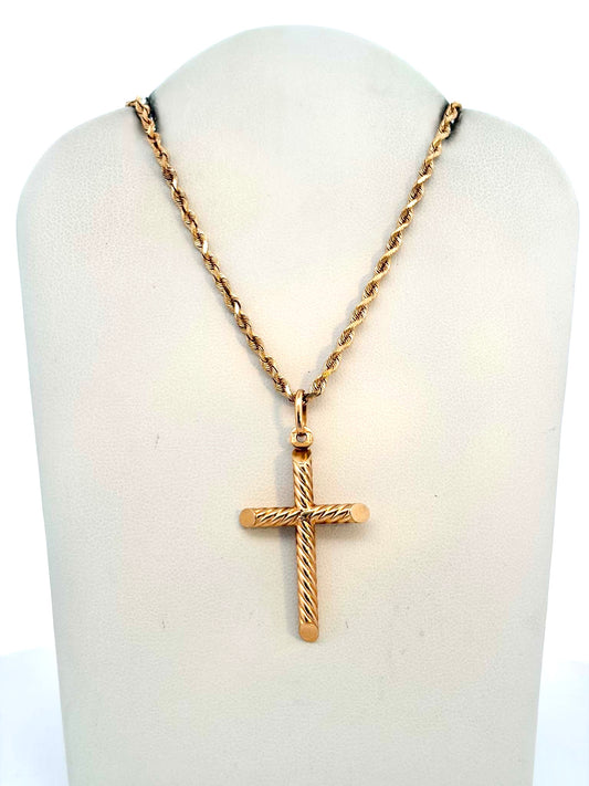 10K Spiral Cross Charm on Rope Chain